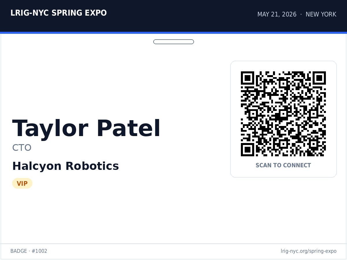 Taylor Patel — Halcyon Robotics VIP test badge with QR code