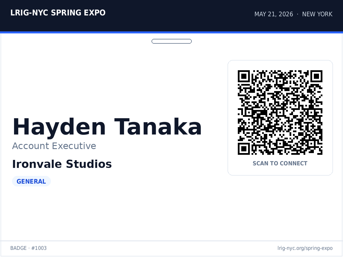 Hayden Tanaka — Ironvale Studios test badge with QR code